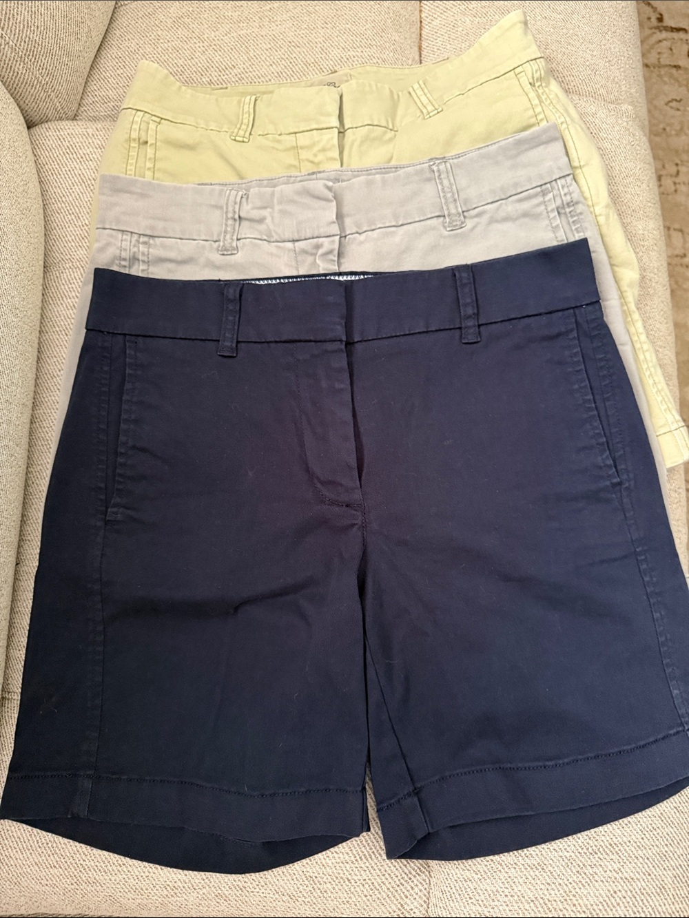 J. Crew Three-Pack Chino Shorts in Navy, Light Gray, Pale Celery